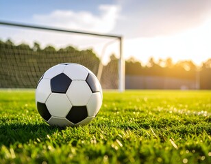 Single Soccer Ball placed on Grass with Goal Pole in Sunlight at Dawn
