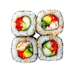 Four pieces of delicious sushi roll with avocado cucumber and red caviar on a transparent background isolated on transparent background