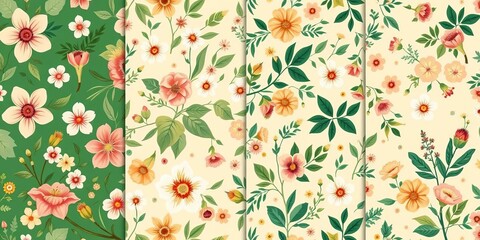 Four vector seamless floral patterns; green and beige color palettes, featuring various flowers and leaves,  illustration,  nature