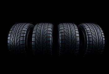 Obraz premium Four black tires on a black background, ample copy space, vehicle, industry