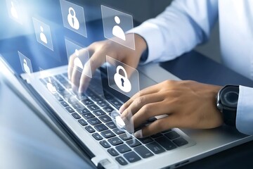 Hands Typing on Laptop with Security and User Icons Representing Data Protection and Privacy in Digital Communication
