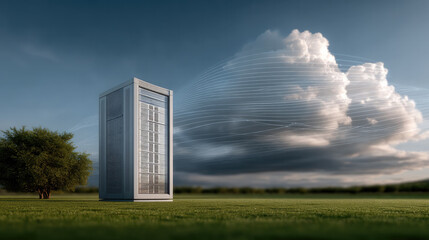 Server tower cloud computing data storage digital network outdoor technology futuristic green grass blue sky innovation