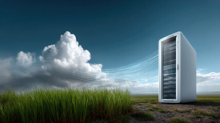 Server tower cloud computing data center technology digital outdoor grass sky futuristic connection. Modern server tower stands grassy field blue