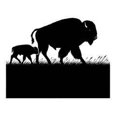 Majestic bison mother and calf silhouette walking through tall grass