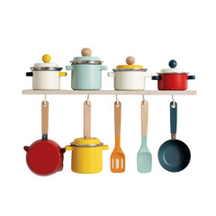 A colorful set of kitchen utensils and pots hang on a wall