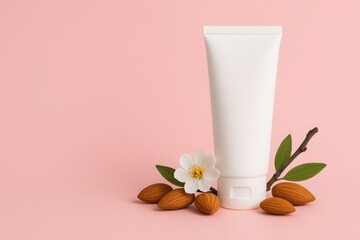 White cosmetic tube with almond nuts and blossom on pink background perfect for feminine skincare design and gentle moisturizing products