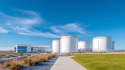 Obraz premium p3685236 246 Aerial view of white hydrogen storage tanks at a clean energy facility under a bright blue sky during midday sun 10887868 1