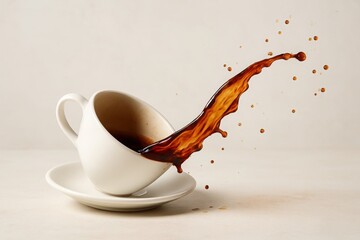 Dynamic coffee splash from white cup on neutral background symbolizing energy caffeine boost and breakfast visuals