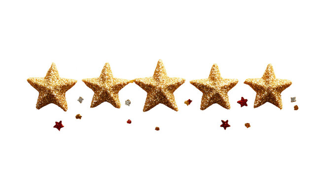 A row of five gold stars with glitter on them