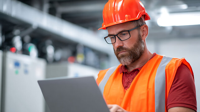 p3685236 245 A worker wearing a safety vest and hard hat uses a laptop to monitor the temperature of an industrial refrigerated room 48484809 1