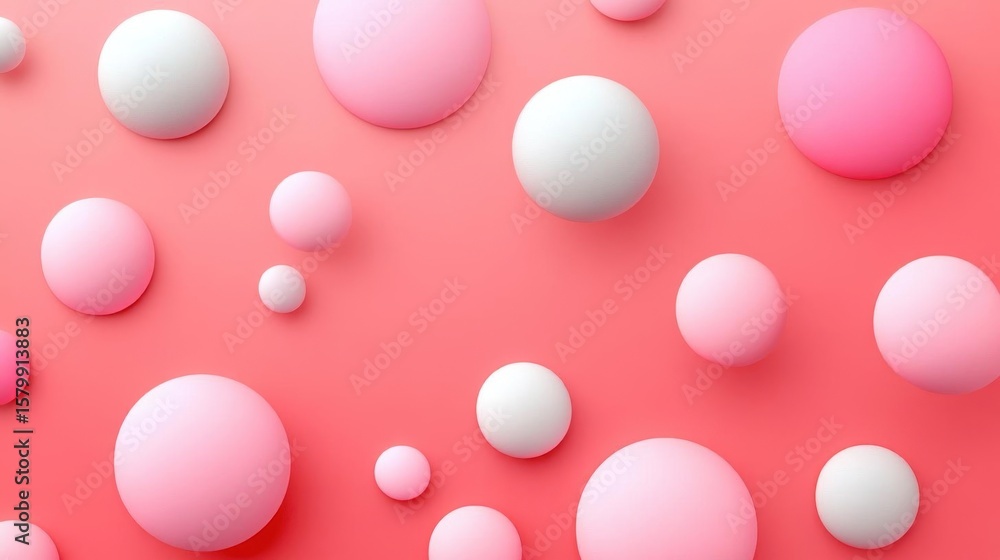 Poster spheres float on coral background create a playful design with pastel tones