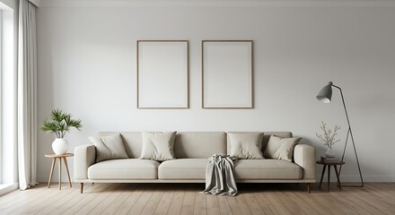 Minimalist Living Room Interior A Cozy Space with Beige Sofa and Blank Frames, Perfect for Mockups and Design Inspiration