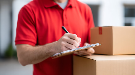 p3685236 311 Delivery man signs for parcel containing household goods at a fr 41156783 1