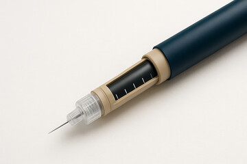 Fototapeta premium A close-up image of a medical injection pen with a visible dosage window and protective needle cap, designed for self-administered medications like insulin or hormones.