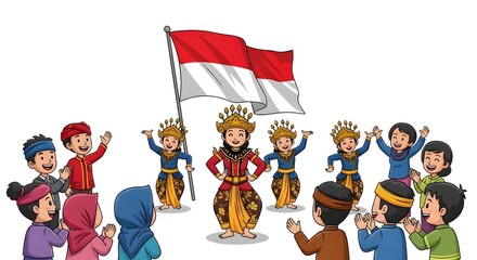 Fototapeta premium Indonesian children celebrate with traditional dancers and flag.