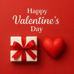 Happy Valentine's Day greeting card with a romantic red heart, a festive ribbon, and decorative bow illustration