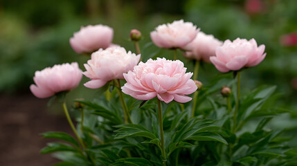 Naklejka premium p3685236 339 Pink peony buds surrounded by lush green leaves in a garden setting during the spring season 60328705 1