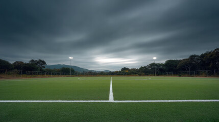 Soccer field clean perfect green grass outdoor cloudy sky empty landscape nature peaceful evening