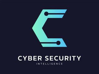 Cyber security intelligence with overlapping network lines in letter C hexagon shape technology logo vector design concept.  AI technology logotype symbol for advance technology, tech company, ui, web