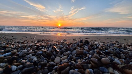 Footstep print on sand during sunset on beach, Preveza, Greece
