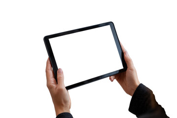 A person is holding a tablet with a white screen