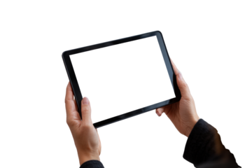 A person is holding a tablet with a white screen