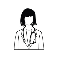 Fototapeta premium Stylized black and white outline silhouette of a female doctor wearing a lab coat and stethoscope representing healthcare professionals silhouette
