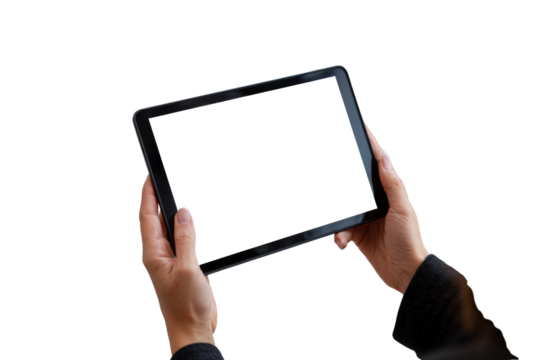 A person is holding a tablet with a white screen - Powered by Adobe
