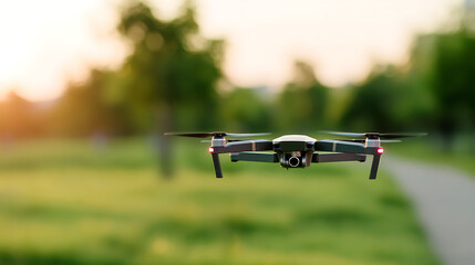 p3685236 389 Drone with camera flying through the air in a blurred outdoor background at an upward angle 36993178 1