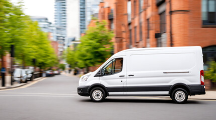 p3685236 390 White delivery van speeds through city street showcasing rapid urban freight transportation 15904776 1