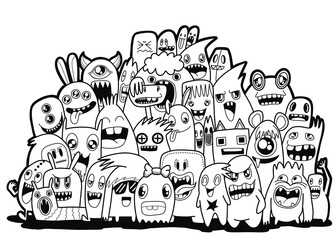 Hand-drawn illustrations, monsters doodle, Hand Drawn cartoon monster illustration,Cartoon crowd doodle hand-drawn Doodle style.black and white stripes coloring  book.