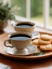 Fototapeta premium Two cups of black tea with shortbread cookies on wooden tray, cozy morning light, peaceful atmosphere, inviting and warm