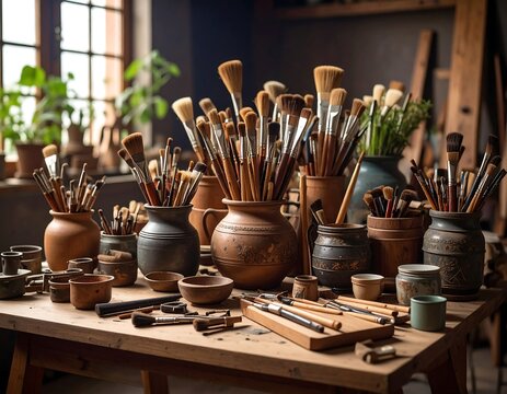 Artist's workspace with paintbrushes (1)