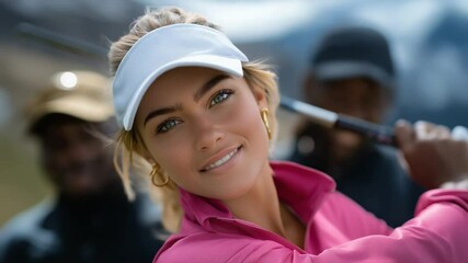Woman prepares for tee shot while friends cheer her on