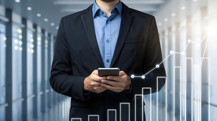 Businessman using smartphone, growth chart overlay, success concept