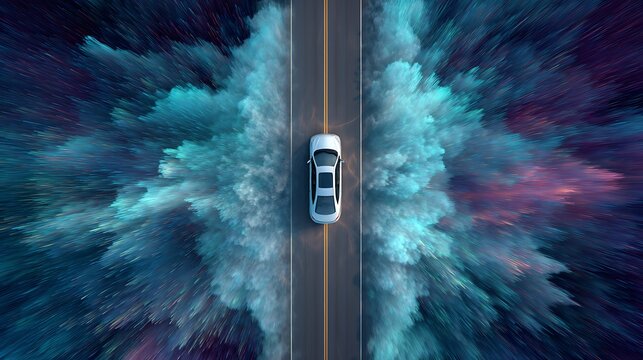 Car Travels on Road with Abstract Colorful Background
