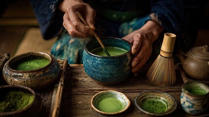 Traditional Japanese tea preparation with matcha in rustic setting, featuring handcrafted ceramic bowls, whisk and vibrant green tea powder