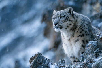 Fototapeta premium A snow leopard perched on a rocky cliff in the Himalayas,
