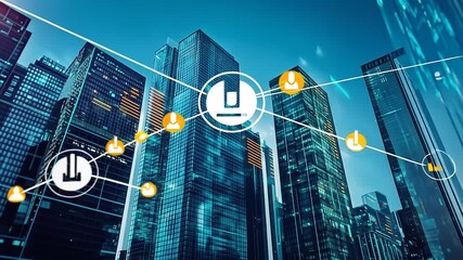 Modern city skyline with digital interfaces showcasing technology and data analytics in action - Powered by Adobe