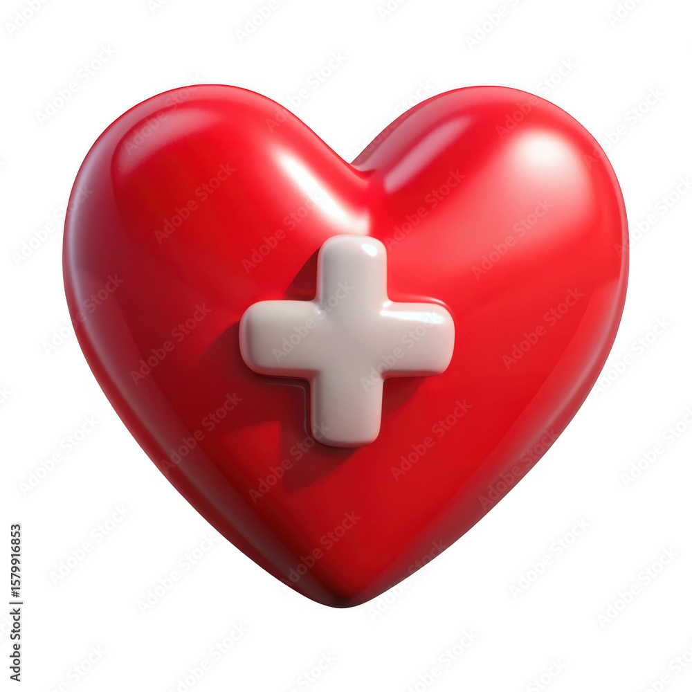 Poster 3d render of red heart with white cross isolated on transparent background