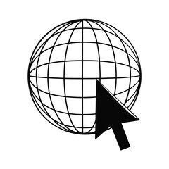 Black silhouette of a globe with a cursor arrow pointing to it representing internet browsing and global connectivity