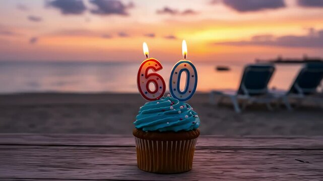 60th Birthday Cupcake on Beach at Sunset