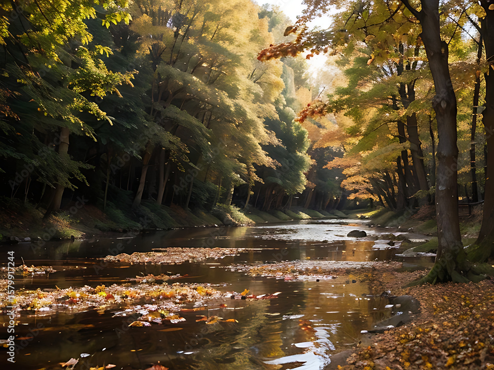 Poster autumn scene with a river flowing through a forest, leaves floating on the water, sunlight filtering