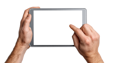 A person is holding a tablet with a white screen