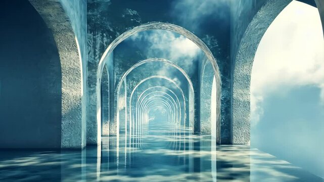 Serene arches reflecting in tranquil water under a misty sky, creating a dreamlike atmosphere