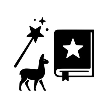 Magical llama and spellbook with wand and stars icon