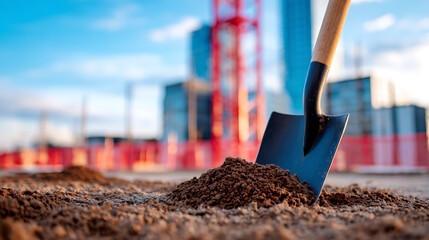 p3685236 456 Old shovel with concrete on a construction site during daylight near red scaffolding supports 99690812 1