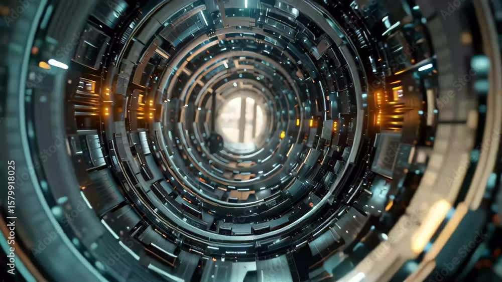 Poster exploring a sci fi industrial hollow world with dynamic fractal patterns and fast zoom effects, sci 