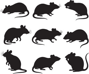 Collection of nine black mouse silhouettes in various poses on a white background