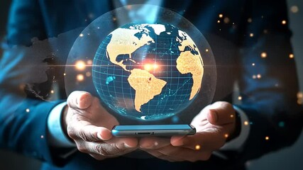 Business professional holding smartphone with glowing globe, showcasing technology and connectivity - Powered by Adobe